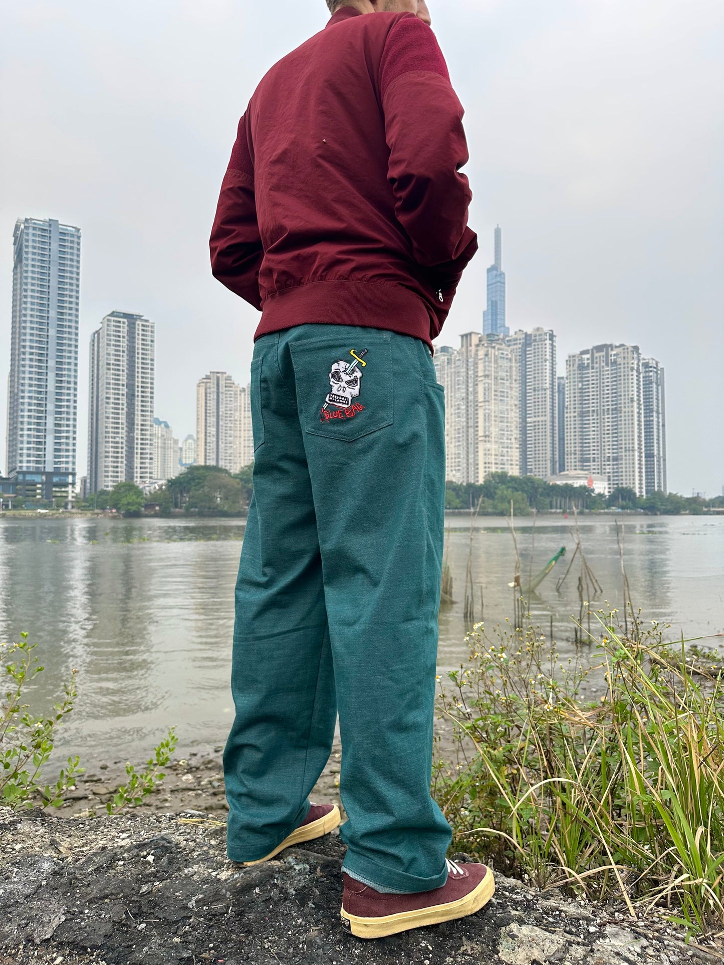 Loose Fit Heavy Teal Slub Cotton Pants