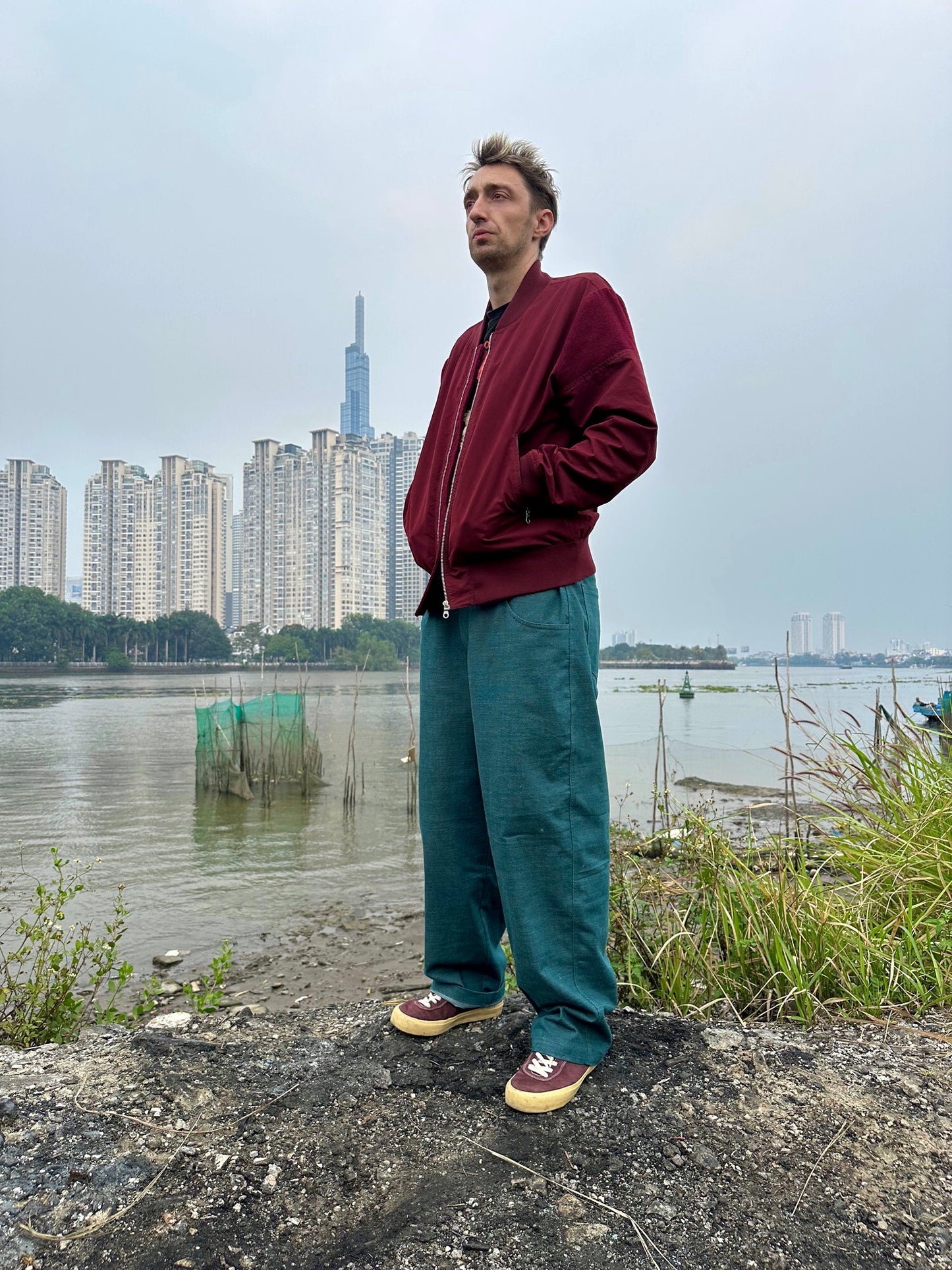 Loose Fit Heavy Teal Slub Cotton Pants