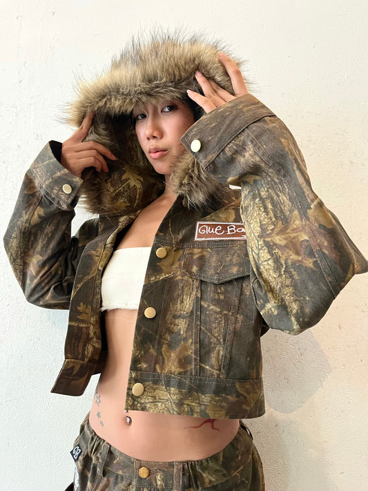 Cropped Hooded Muted Camo Jacket