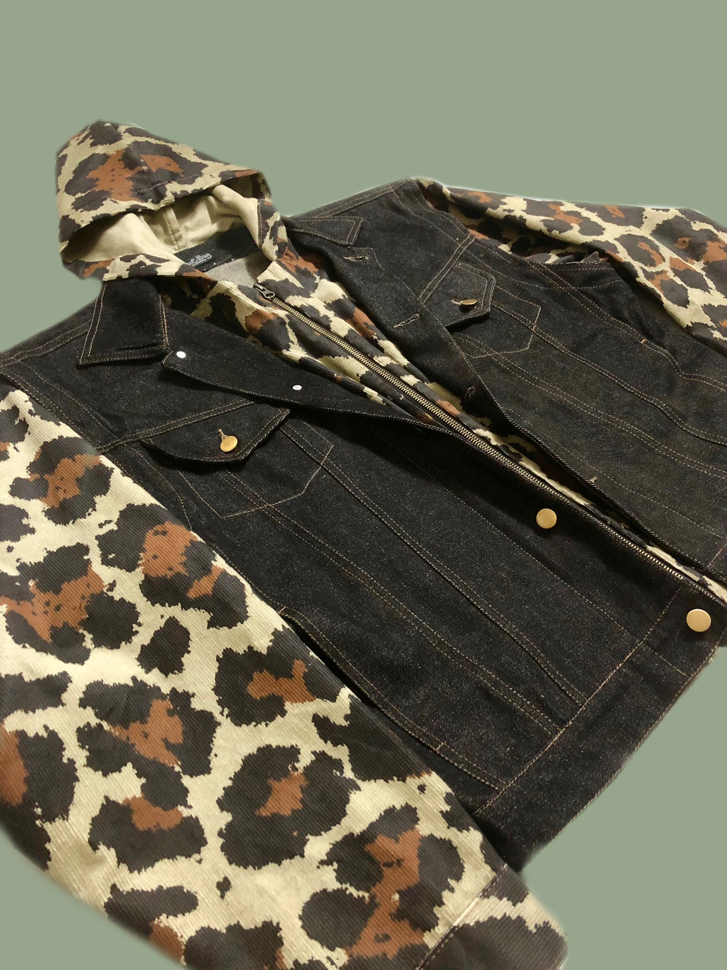 Leopard Strike Hooded Corduroy and Denim Jacket